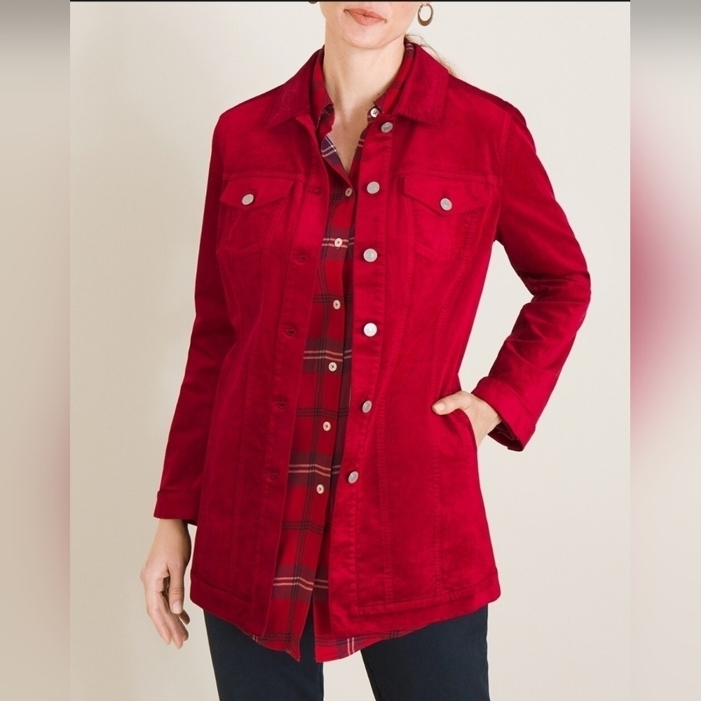 Chico's Elongated Velveteen Jacket Red Velvet Long Trucker Shacket Coat Size 2P - Picture 16 of 16
